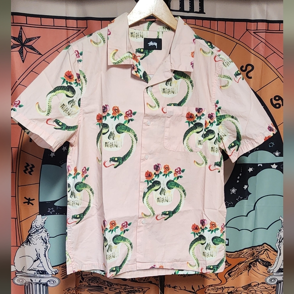 Stussy Pink Shirt with Snakes & Skulls  Print - Mens S/P